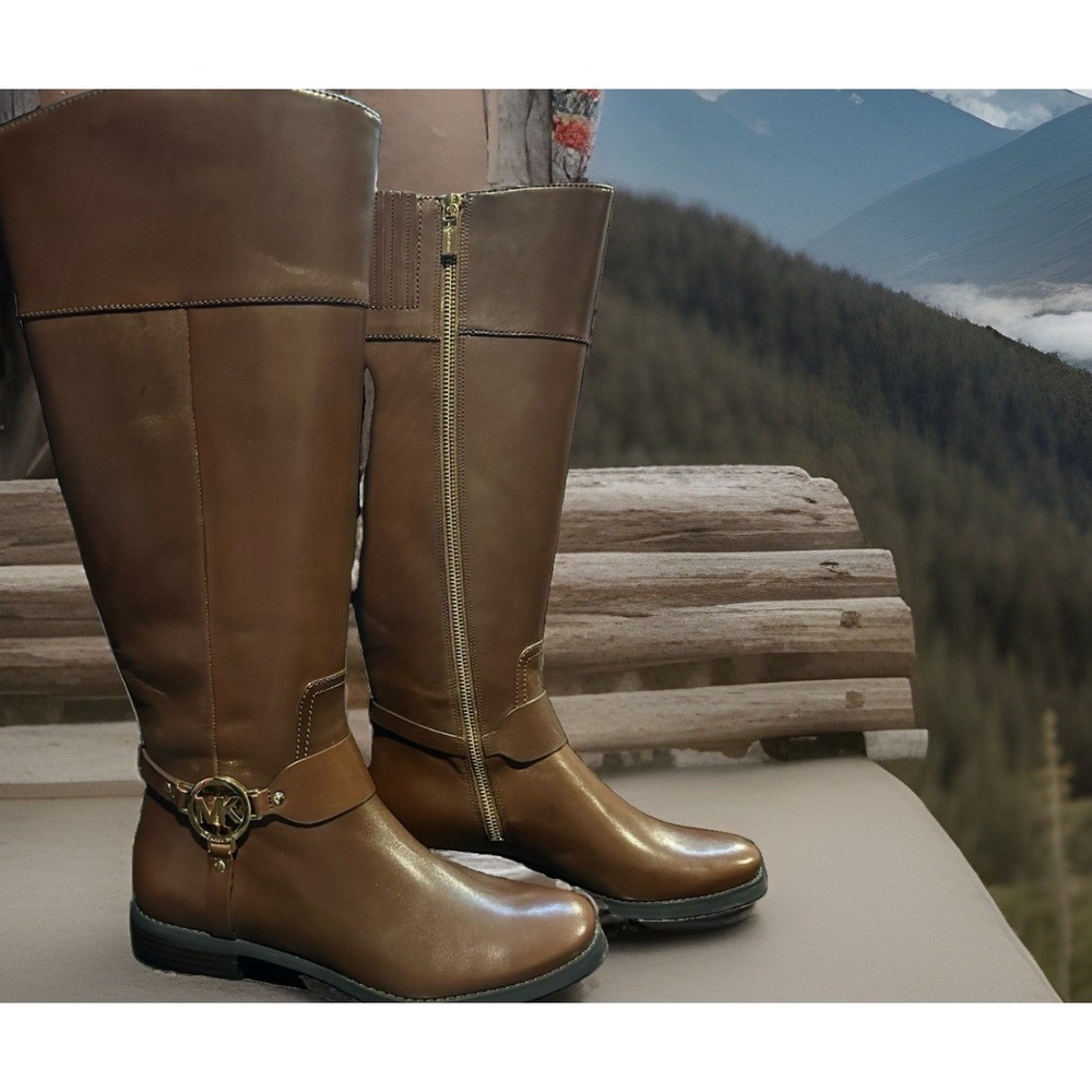 Michael Kors Womens Brown Leather Riding Boots Gold MK Logo Medallion Size 8M